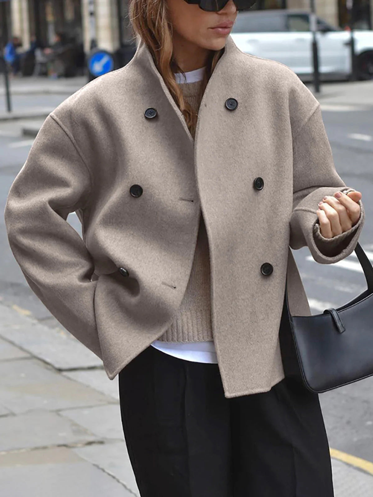Women's Double-Breasted Coat with Tailored Fit and Soft Woven Fabric, Mid-Thigh Length
