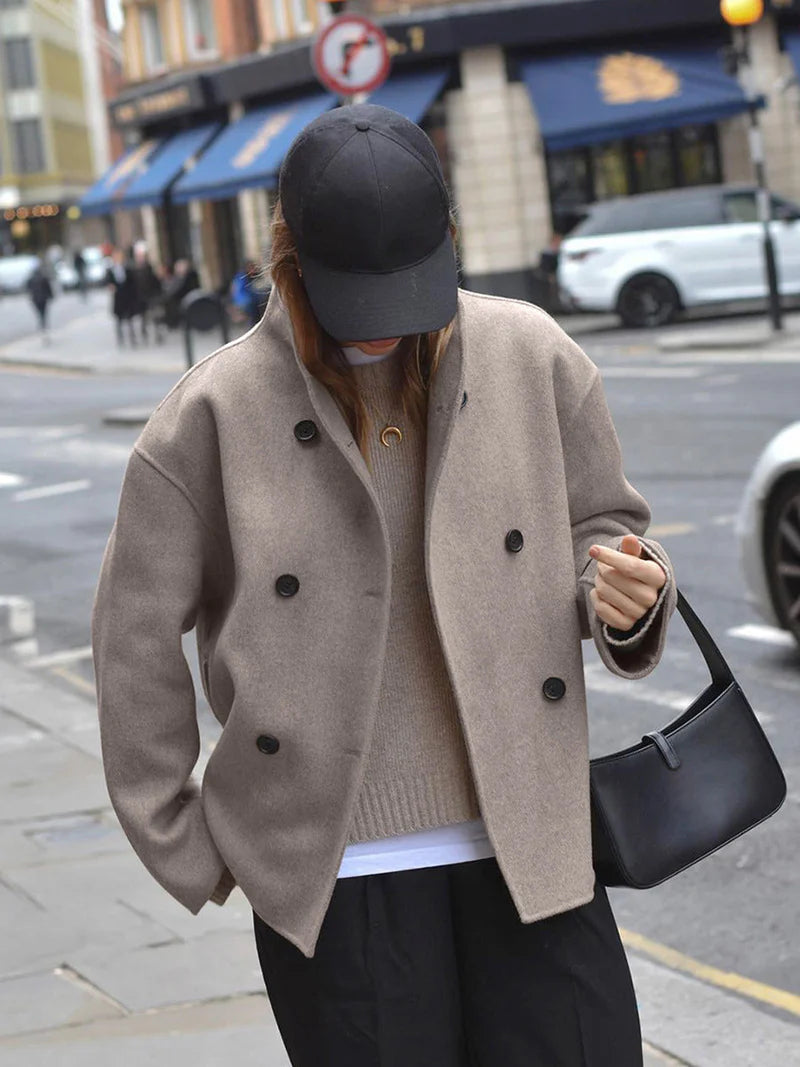 Women's Double-Breasted Coat with Tailored Fit and Soft Woven Fabric, Mid-Thigh Length