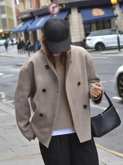 Women's Double-Breasted Coat with Tailored Fit and Soft Woven Fabric, Mid-Thigh Length