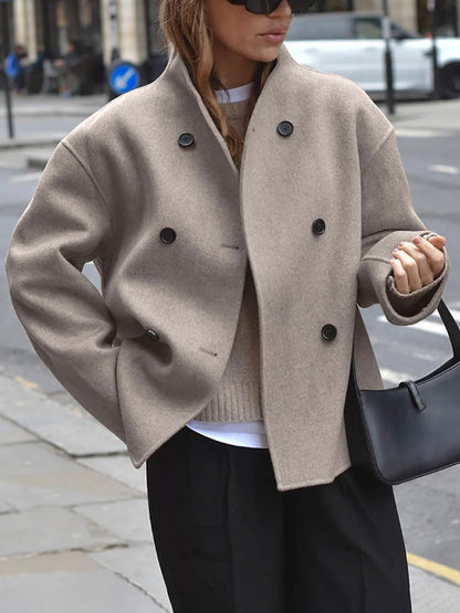 Women's Double-Breasted Coat with Tailored Fit and Soft Woven Fabric, Mid-Thigh Length
