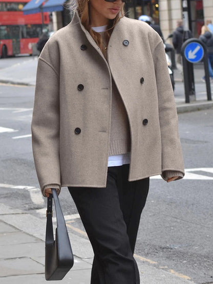 Women's Double-Breasted Coat with Tailored Fit and Soft Woven Fabric, Mid-Thigh Length