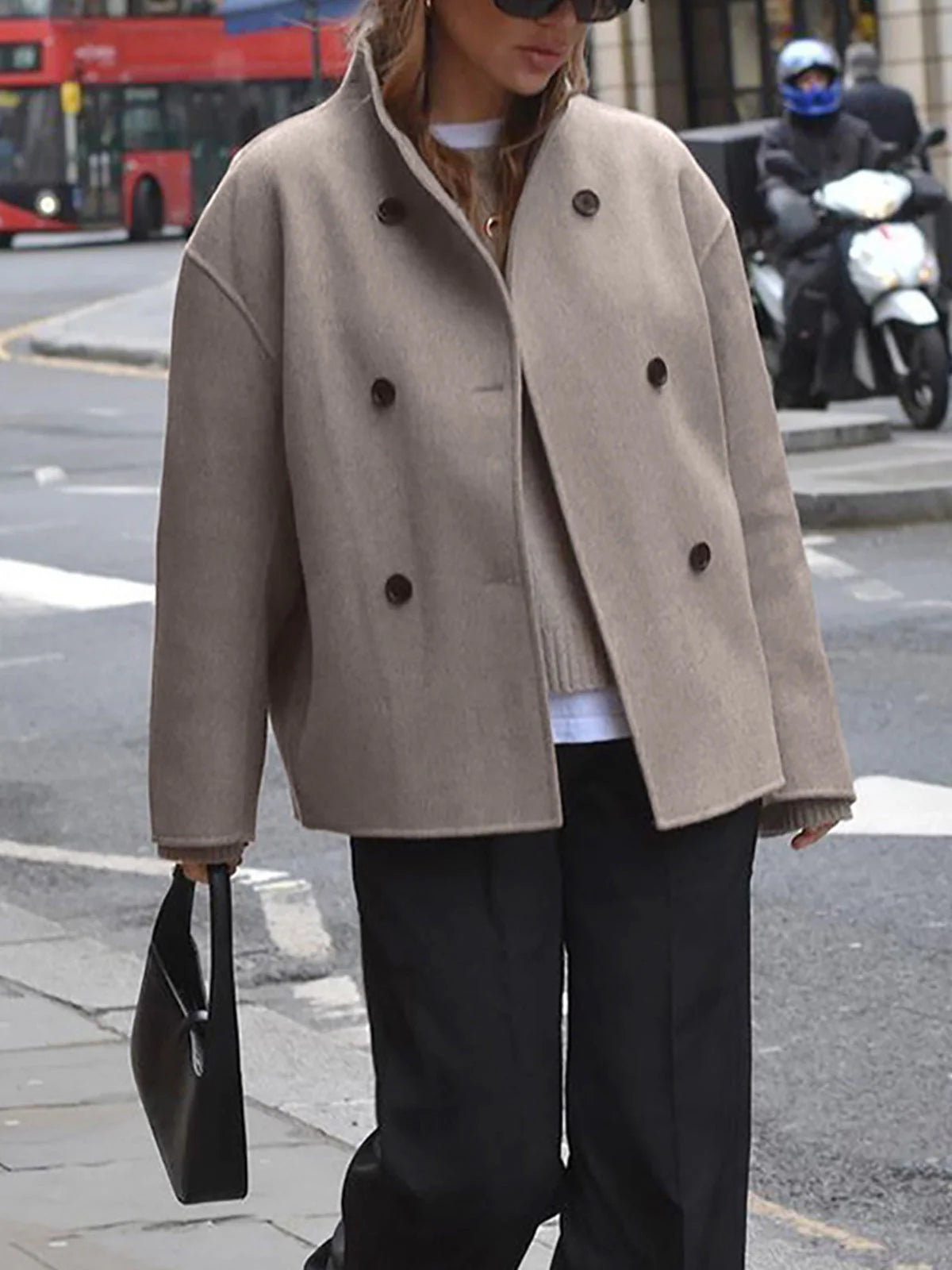 Women's Double-Breasted Coat with Tailored Fit and Soft Woven Fabric, Mid-Thigh Length