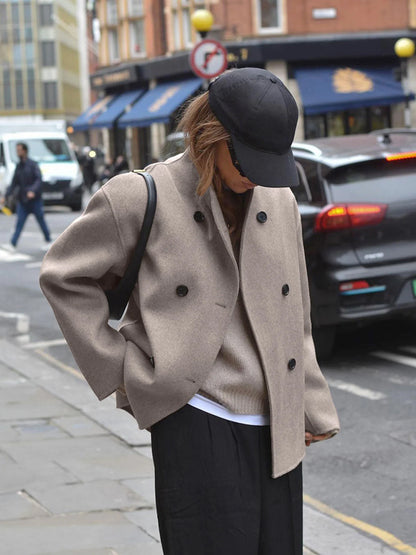Women's Double-Breasted Coat with Tailored Fit and Soft Woven Fabric, Mid-Thigh Length